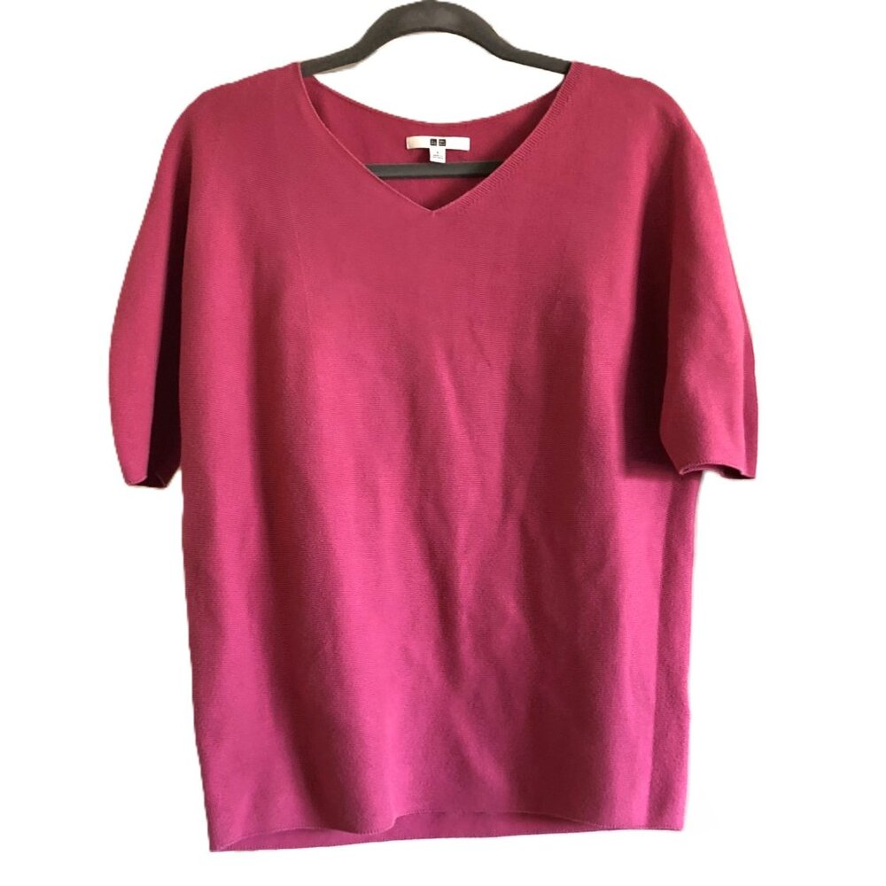 UNIQLO Short Sleeve Top V-Neck Sweater 100% Cotton Size S Pink Pullover Thick
